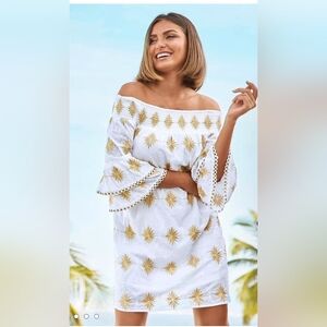 BOSTON PROPER White Gold Metallic Detail Off Shoulder Dress  Embroidered NWT XS